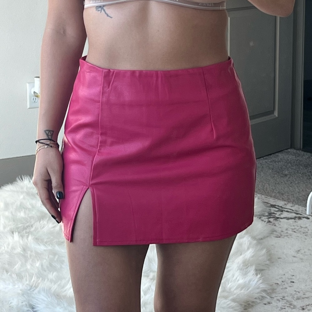 Hot pink faux leather mini skirt